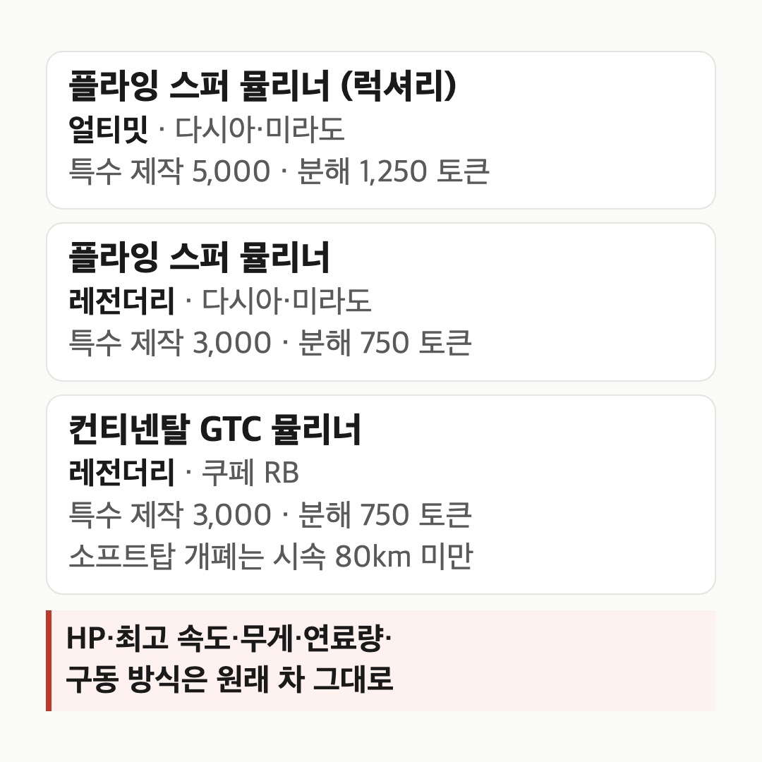 배그 벤틀리 스킨 세 종의 등급, 씌우는 차, 특수 제작 토큰을 한 장에 정리한 카드